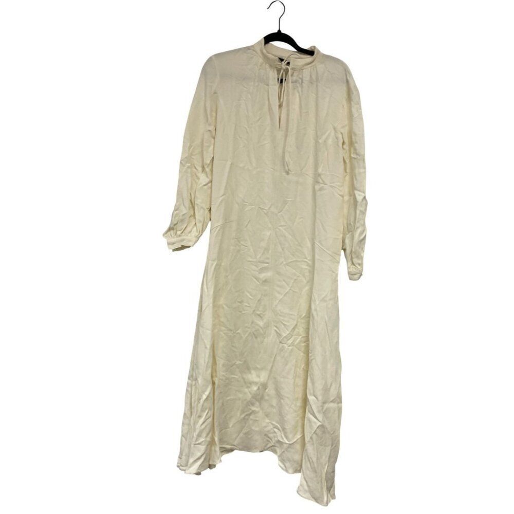 Zara Womens Long Kaftan Dress XS Oyster White V-Neck Drawstring 3276/235 NWT - Picture 2 of 15
